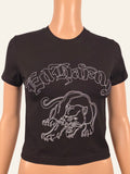 Ed Hardy Panther Baby Tee in Schwarz – Vorderseite mit Panther-Stickerei, Größe XS