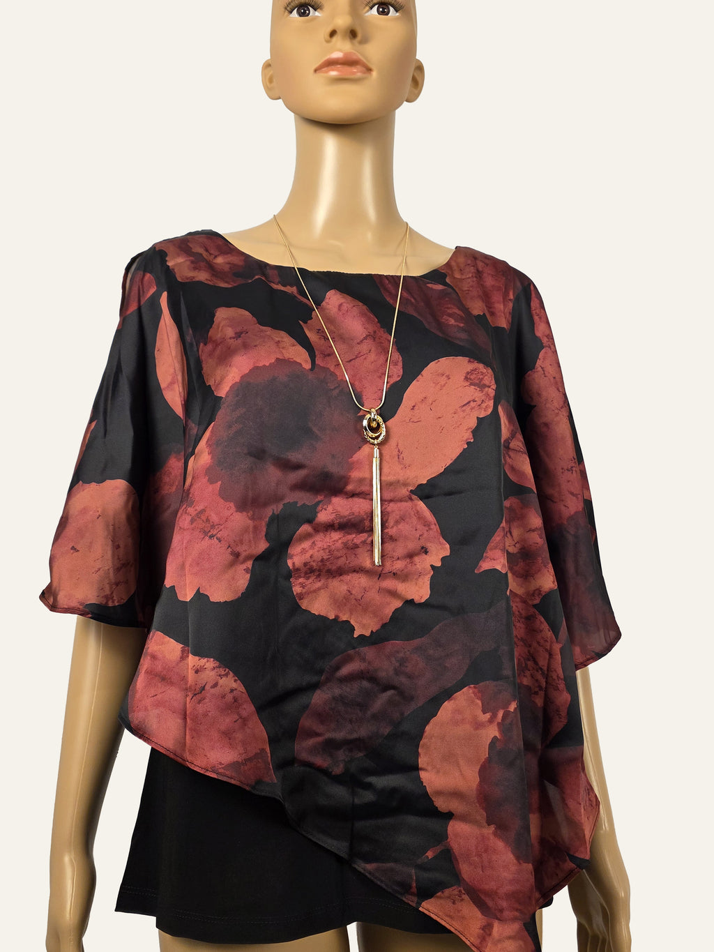 Frank Lyman Chiffon-Tunika 269266 Schwarz/Rostrot, Größe 36 – Vorderansicht mit Kette