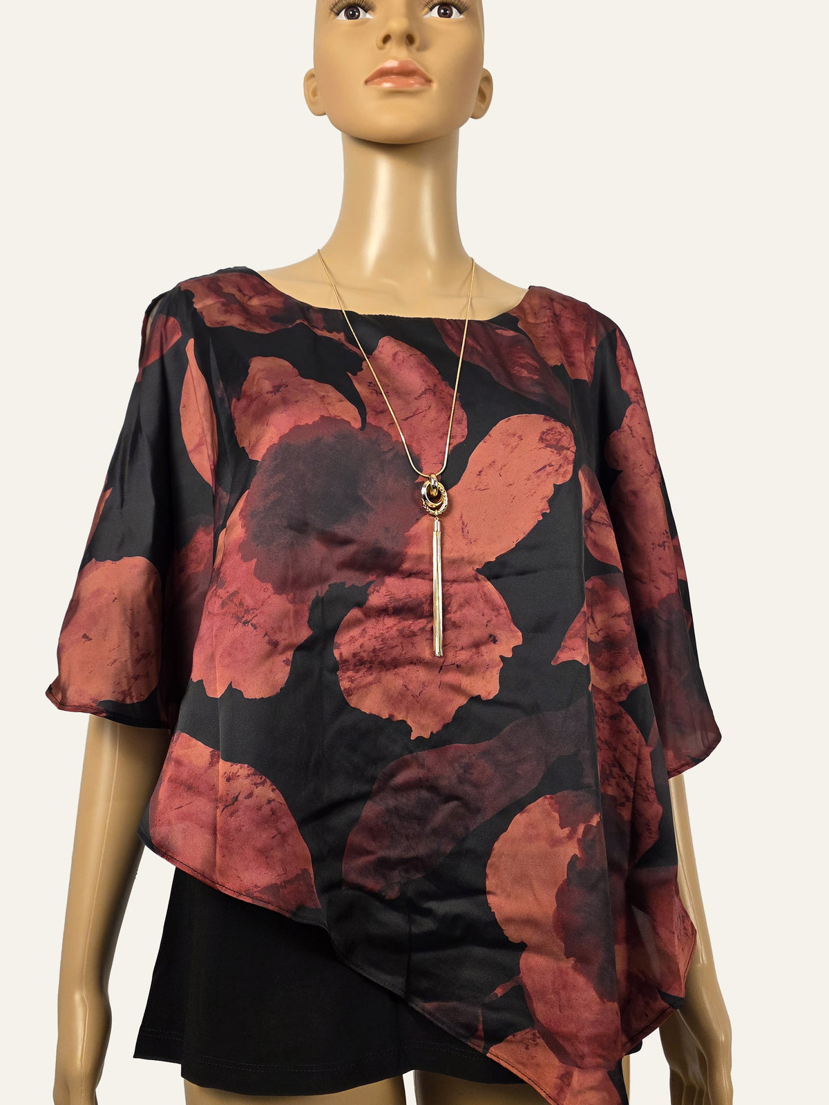 Frank Lyman Chiffon-Tunika 269266 Schwarz/Rostrot, Größe 36 – Vorderansicht mit Kette
