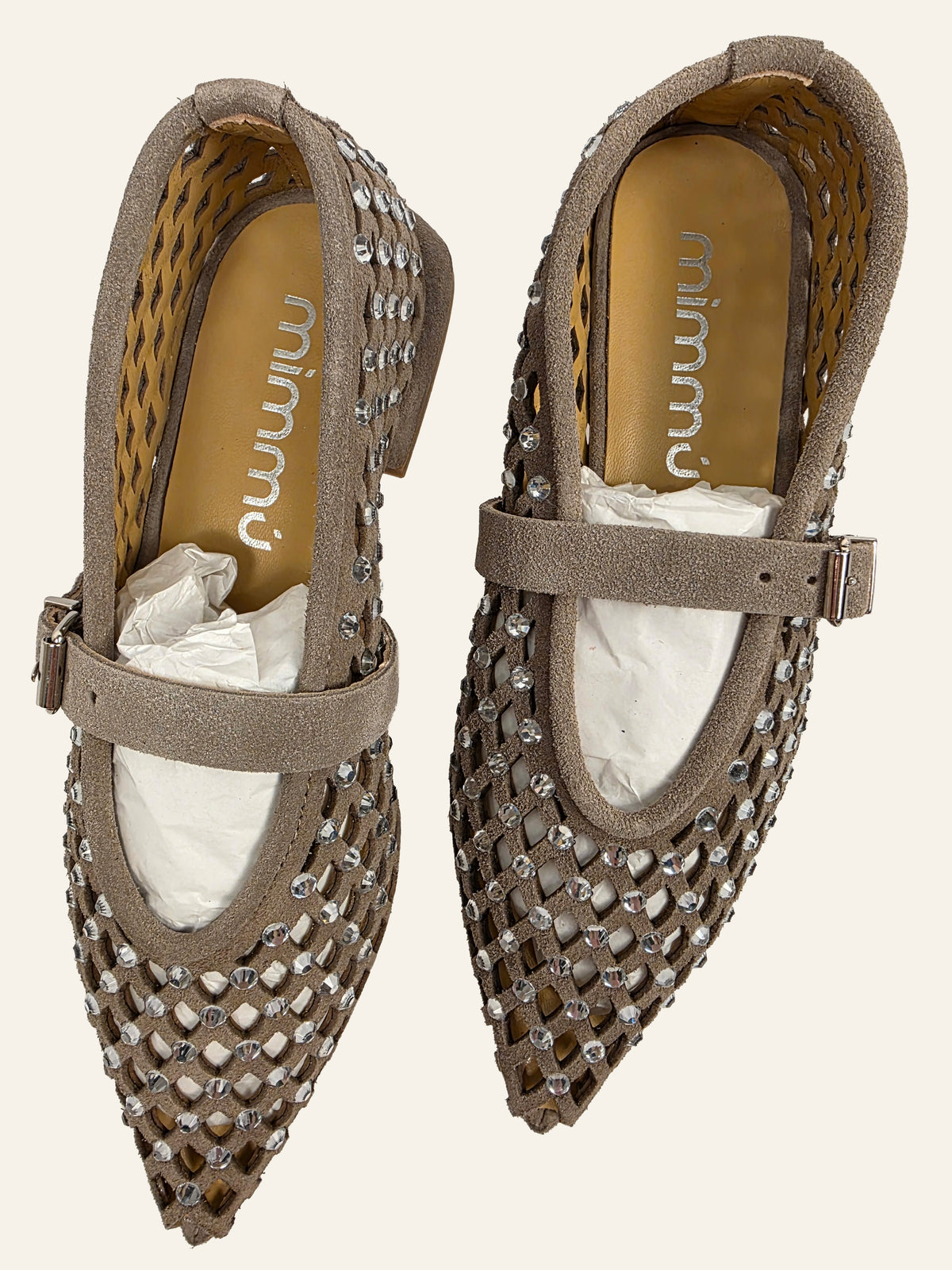 Mimmù M336M13 Ballerinas in Ardesia/Taupe – Draufsicht mit Schnallenriemen, Größe 38