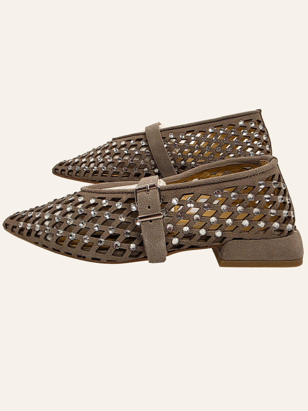 Mimmù M336M13 Ballerinas in Ardesia/Taupe – Seitenansicht mit Strassbesatz, Größe 38