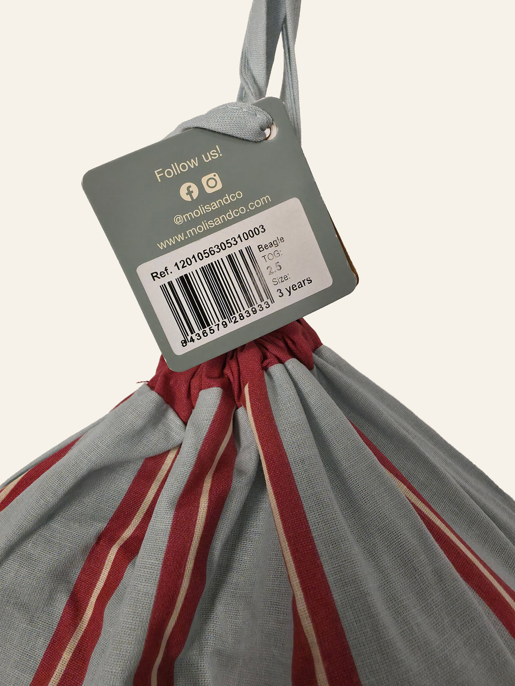 Originalanhänger mit EAN, Referenz und Größe des molis&co Beagle Schlafsacks
