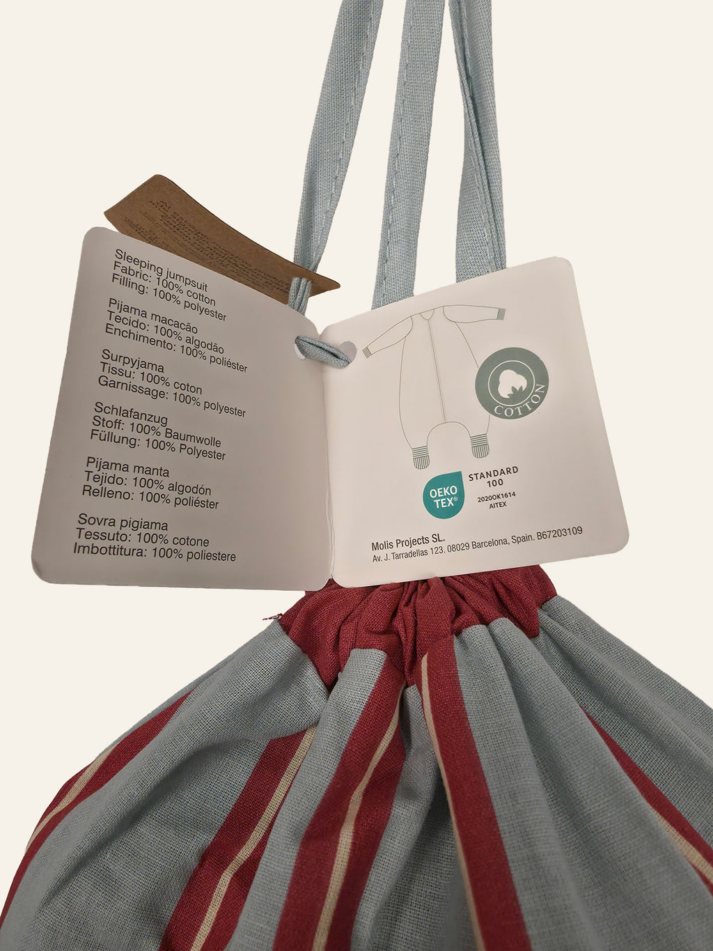Originalanhänger mit Material- und Herstellerangaben zum molis&co Beagle Schlafsack